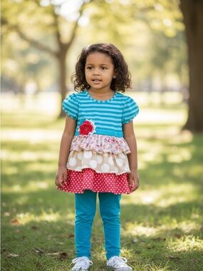Counting Daisies Teal Striped Ruffle Top with Floral & Polka Dot Skirt
